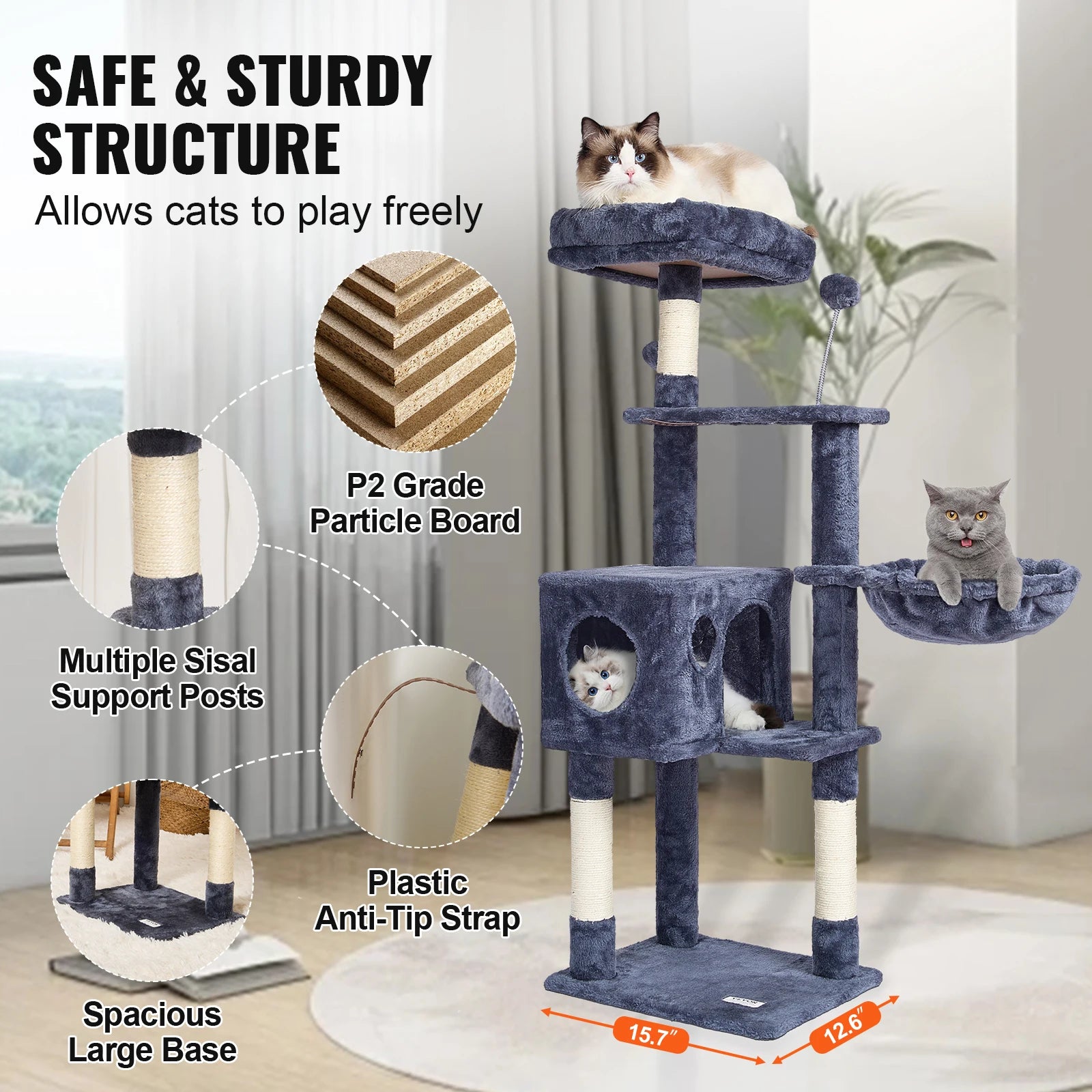 VEVOR Cat Tree for Indoor Cats 45.2" Cat Tower with Cat Condo Sisal Scratching Post HammockTop Perch Jumping Platforms Dark Grey - Pape'sShop