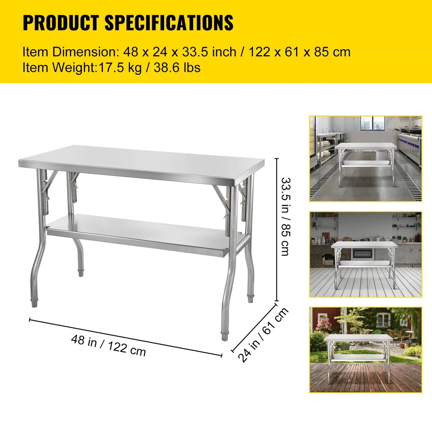 VEVOR Single/Double-Shelf Professional Stainless Steel Open Kitchen Folding Work Prep Tables Easy Storage for Home Commercial