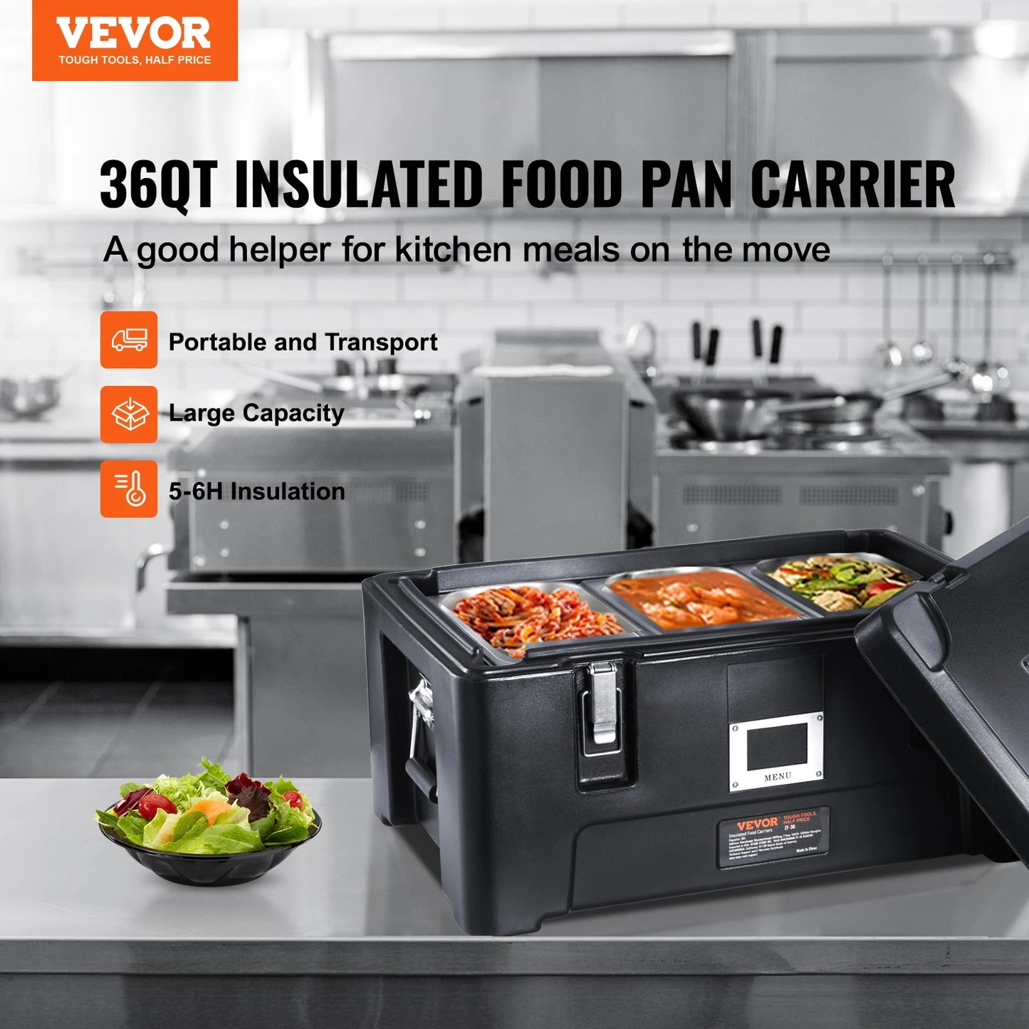 VEVOR Insulated Food Pan Carrier 36Qt Capacity Stackable Catering Hot Box with 3 Stainless Steel Pans Top Load LLDPE Food Warmer