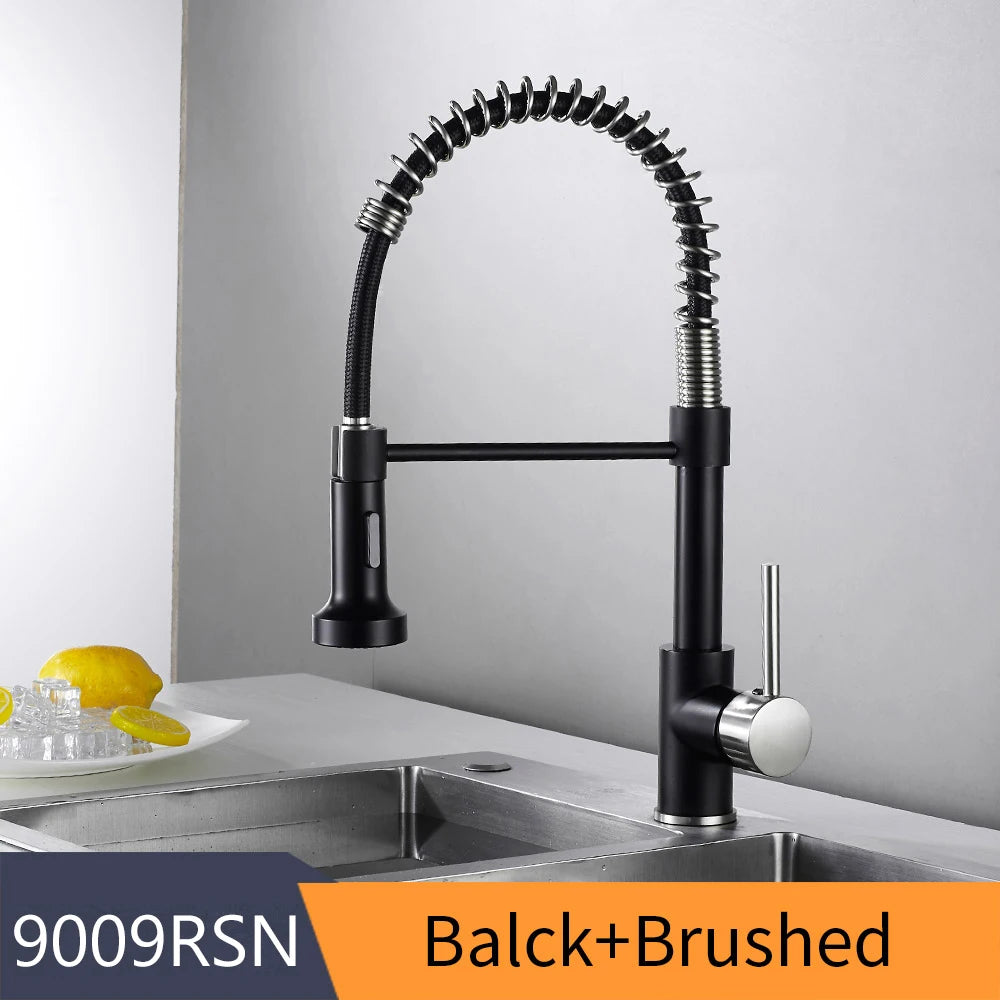 Kitchen Faucets Brush Brass Faucets for Kitchen Sink  Single Lever Pull Down Spring Spout Mixers Tap Hot Cold Water Crane 9009