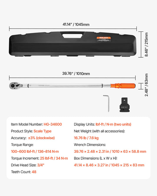 VEVOR Click Torque Wrench 3/4 Inch Drive 100-600 lbf-ft Dual-direction Torque Wrench Set Alloy Steel for Automobile Repair