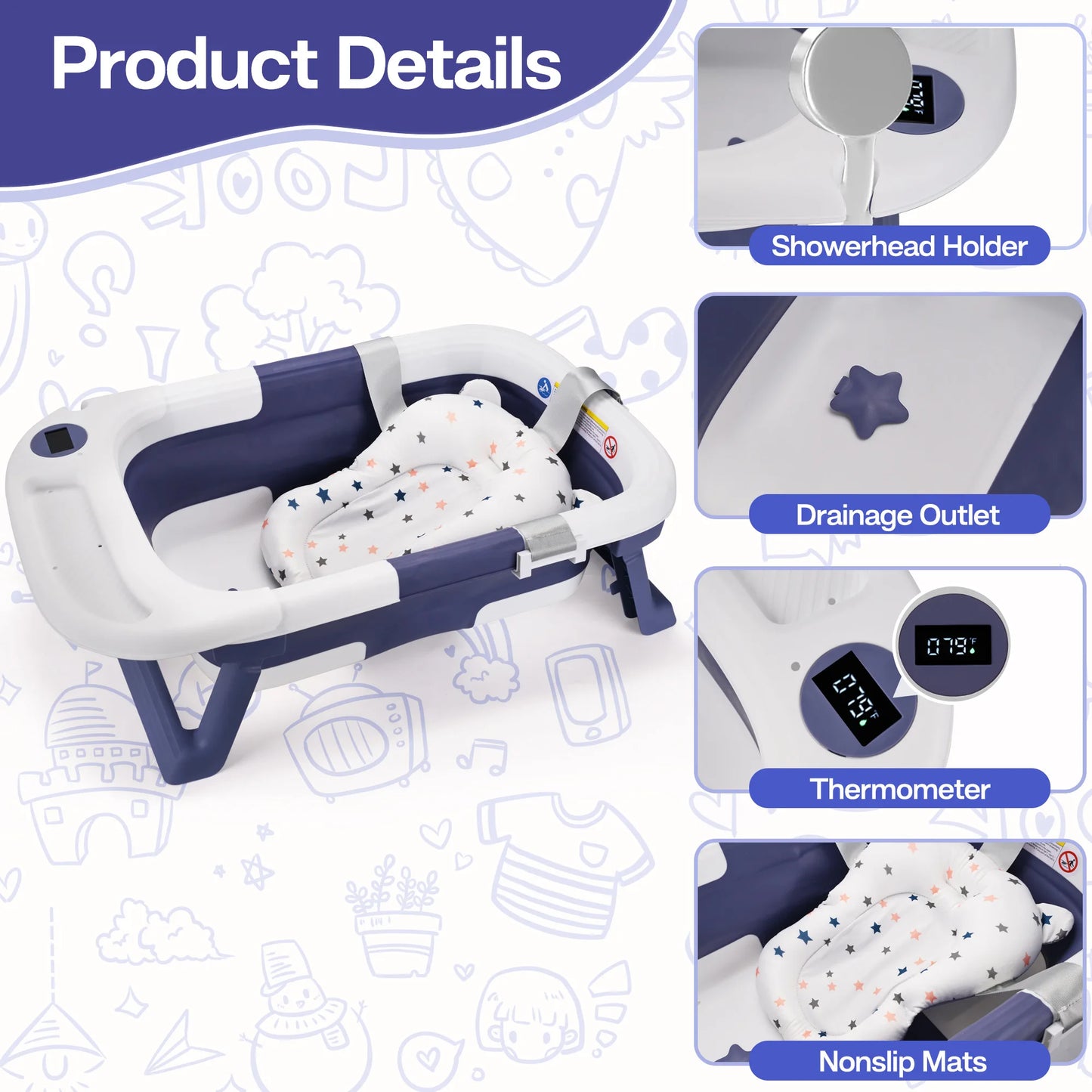 Baby Bathtub,Baby Bath Tub with Soft Cushion & Thermometer,Baby Bathtub Newborn to Toddler 0-36 Months,Portable Travel Baby Tub - Pape'sShop