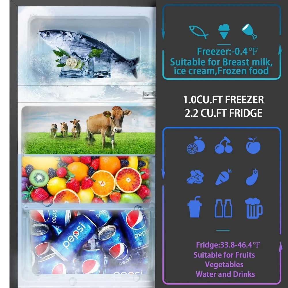 Mini Fridge With Freezer,3.2 Cu.Ft Compact Refrigerator,Mini Refrigerator With 2 Doors For Bedroom,Office,Kitchen,Apartment