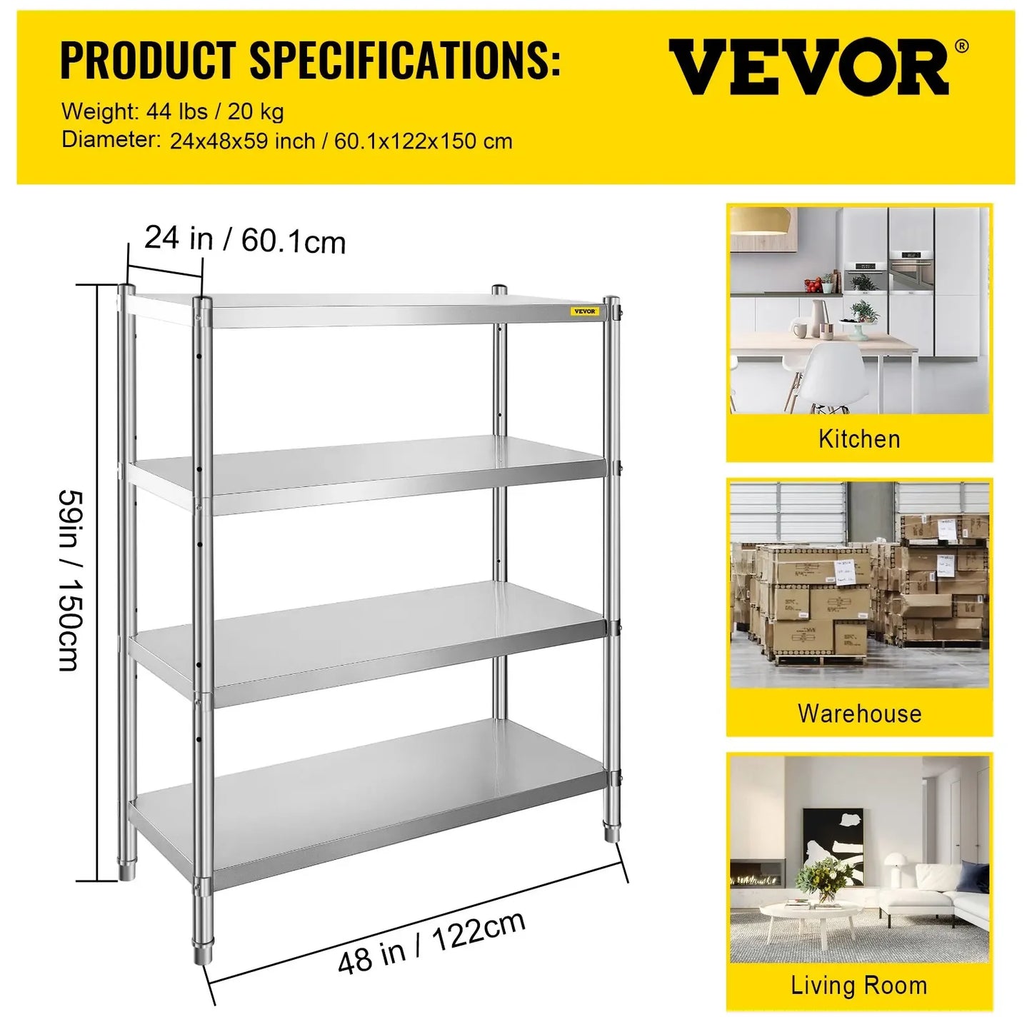 VEVOR Storage Shelf 4/5-Tier Storage Shelving w/Adjustable Height Unit Stainless Steel Garage Shelf for Kitchen Warehouse Garage