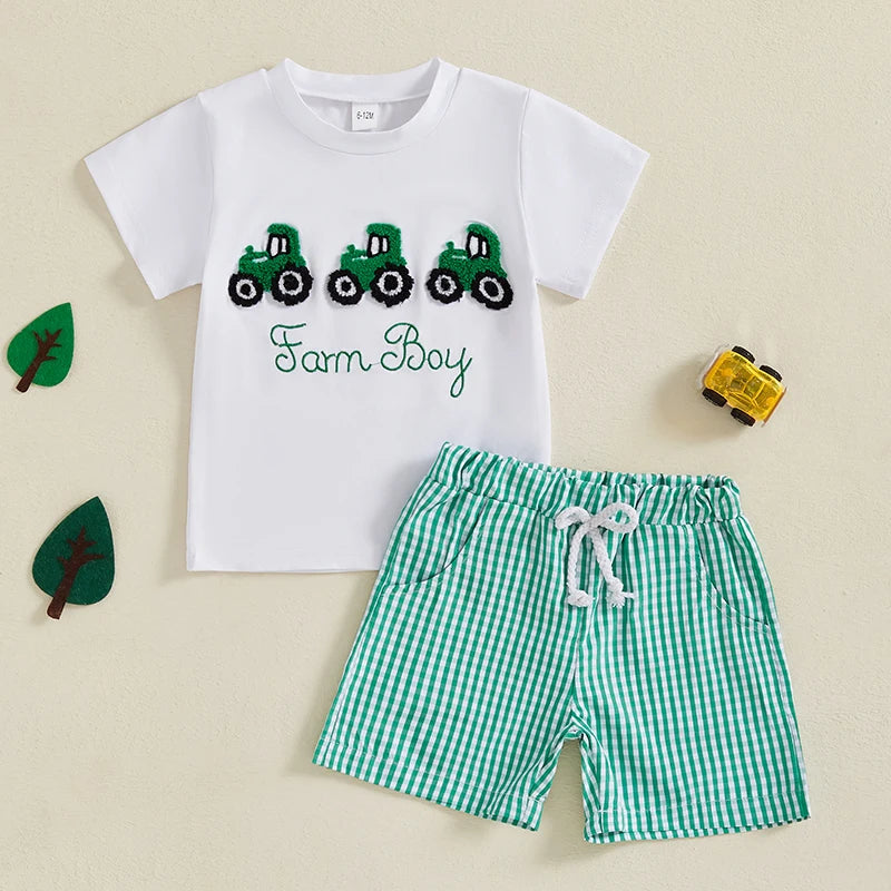 Boys 2-Piece Outfit Set with Dinosaur Print Short Sleeve T-Shirt and Elastic Waistband Denim Shorts for Toddlers - Pape'sShop