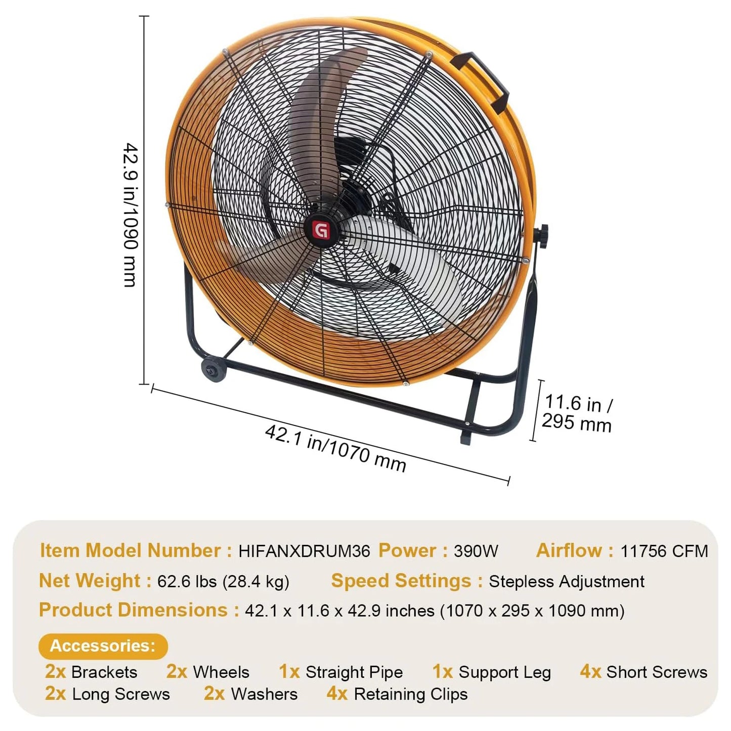 Industrial Floor Drum Fan, 9500/14000/18000 CFM Heavy Duty Floor Fan 3-Speed Air Circulator With Castors, High Velocity Shop Fan