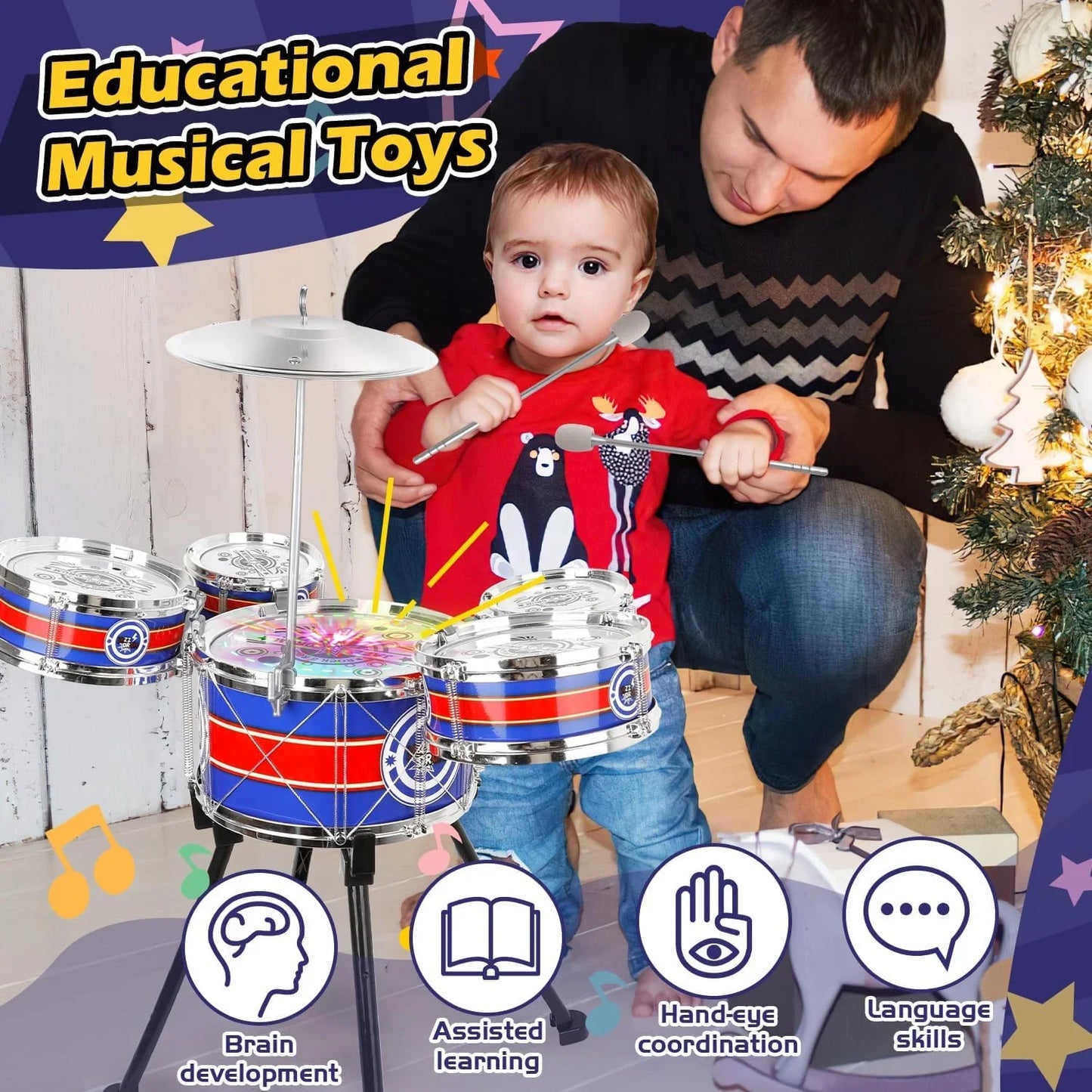 Unisex 3-5 Years Toy Musical Instruments with Stool Drum Sticks, Metal Plastic Blue - Pape'sShop