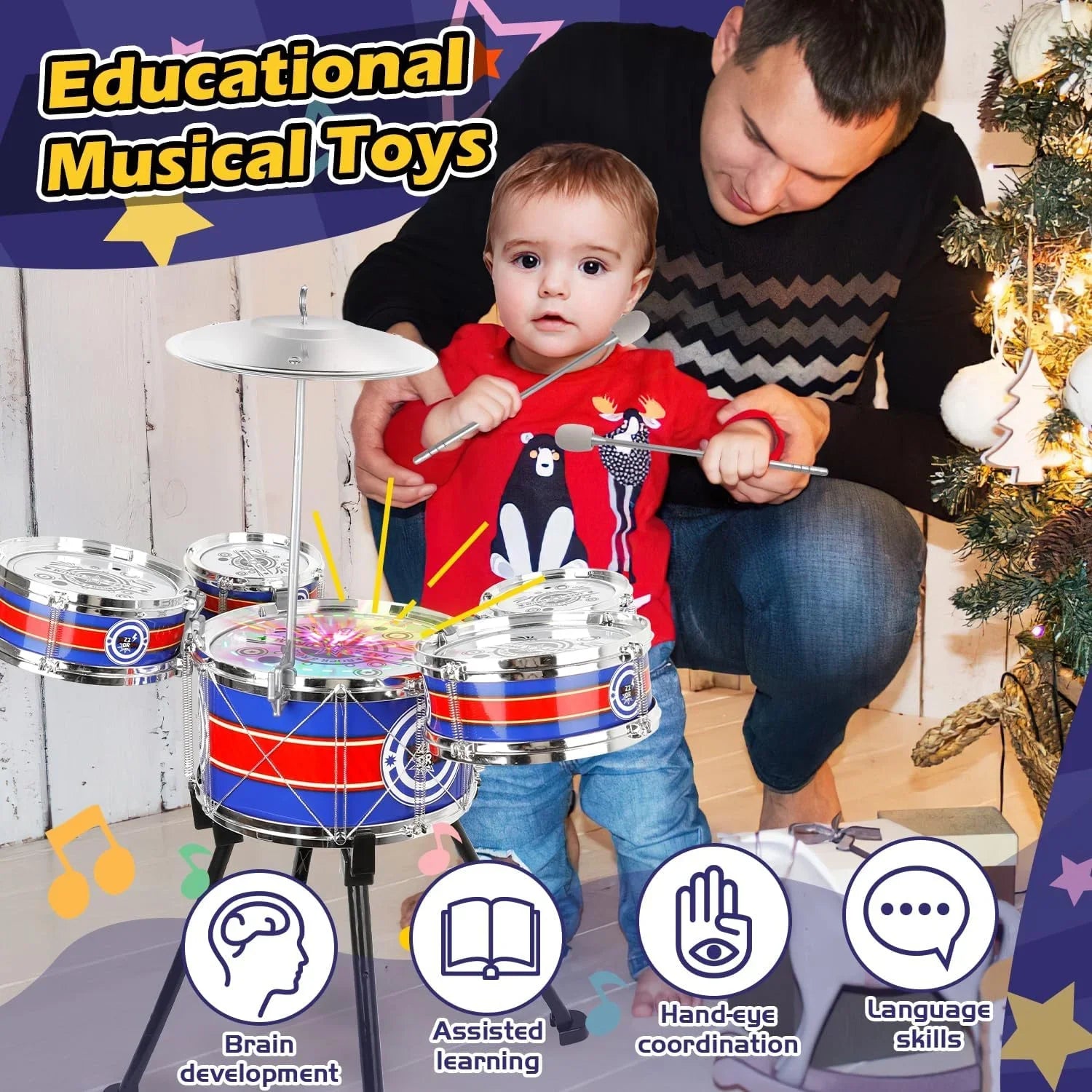Unisex 3-5 Years Toy Musical Instruments with Stool Drum Sticks, Metal Plastic Blue - Pape'sShop