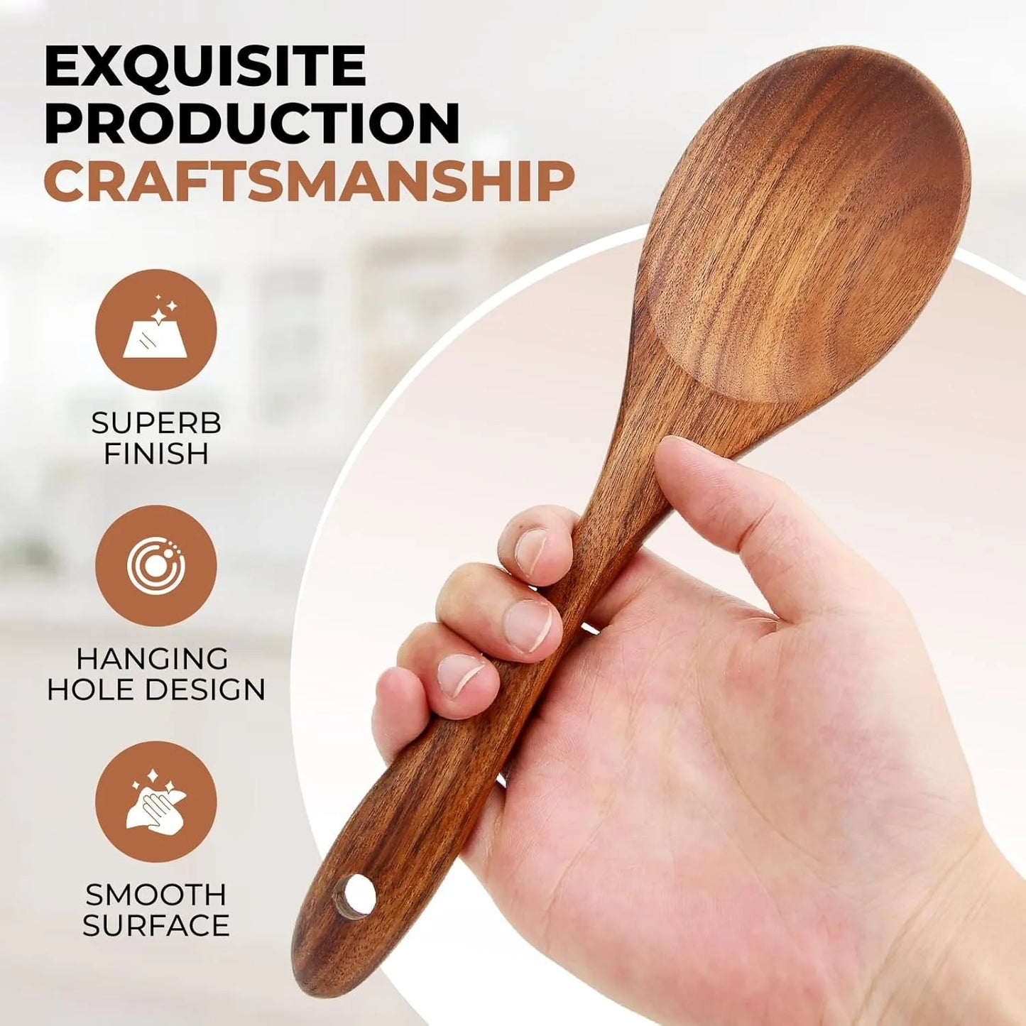 Wooden Kitchen Utensils Set, Smooth Finished Wooden Spoons for Cooking, Natural Teak Cooking Utensils Set for Nonstick Pans