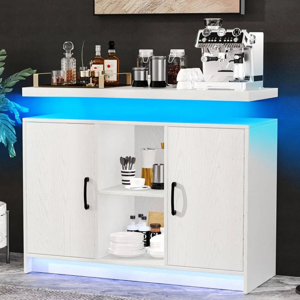 LED Lights Coffee Bar Cabinet with Storage, Sideboard Buffet Cabinet with Charging Station