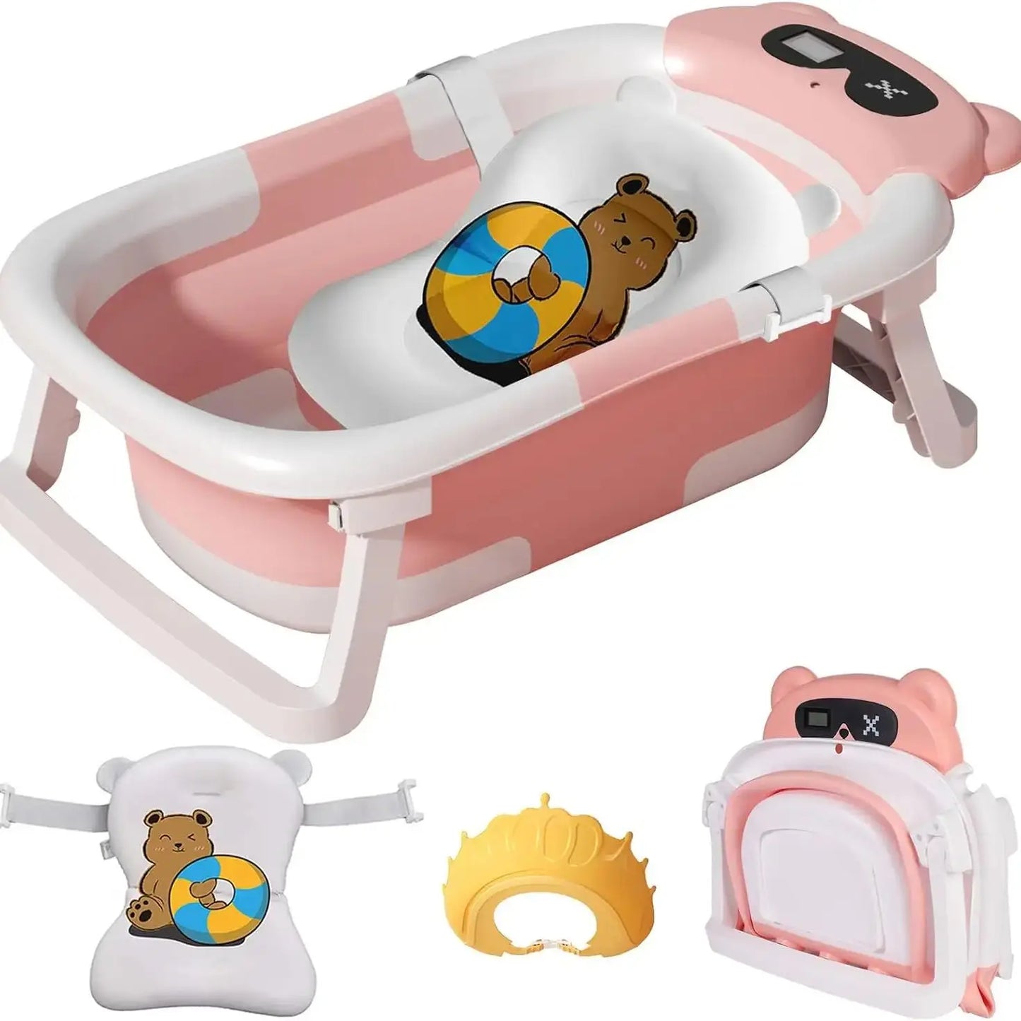 Baby Bathtub Real-Time Temperature Display Bathroom Basket Tub Non-Slip Foldable Folding Bathtub with Cushion Support for Shower - Pape'sShop