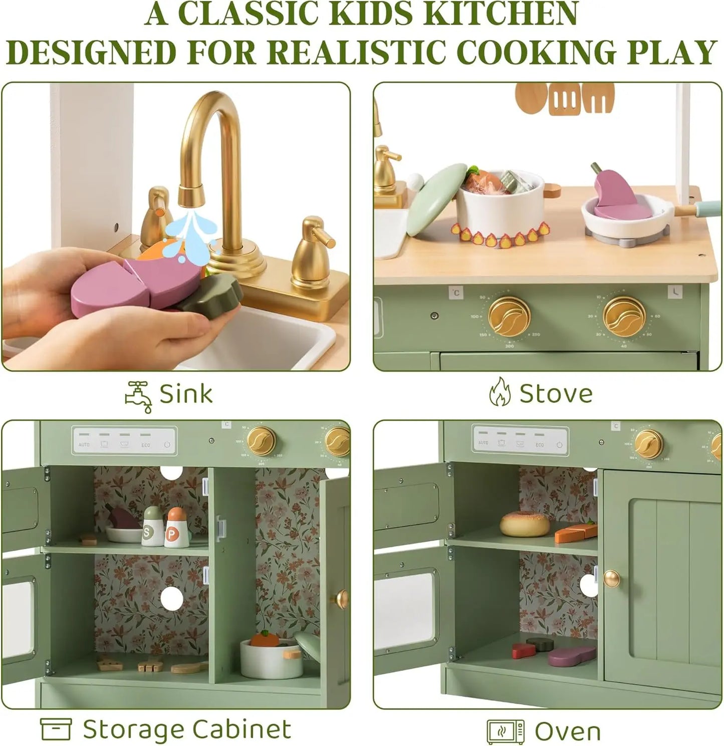 Robotime Robud Play Kitchen Wooden Pretend Play Kitchen Set Toy with Cutting Food Set  for 3+ Year Old Kids Girls & Boys - Pape'sShop