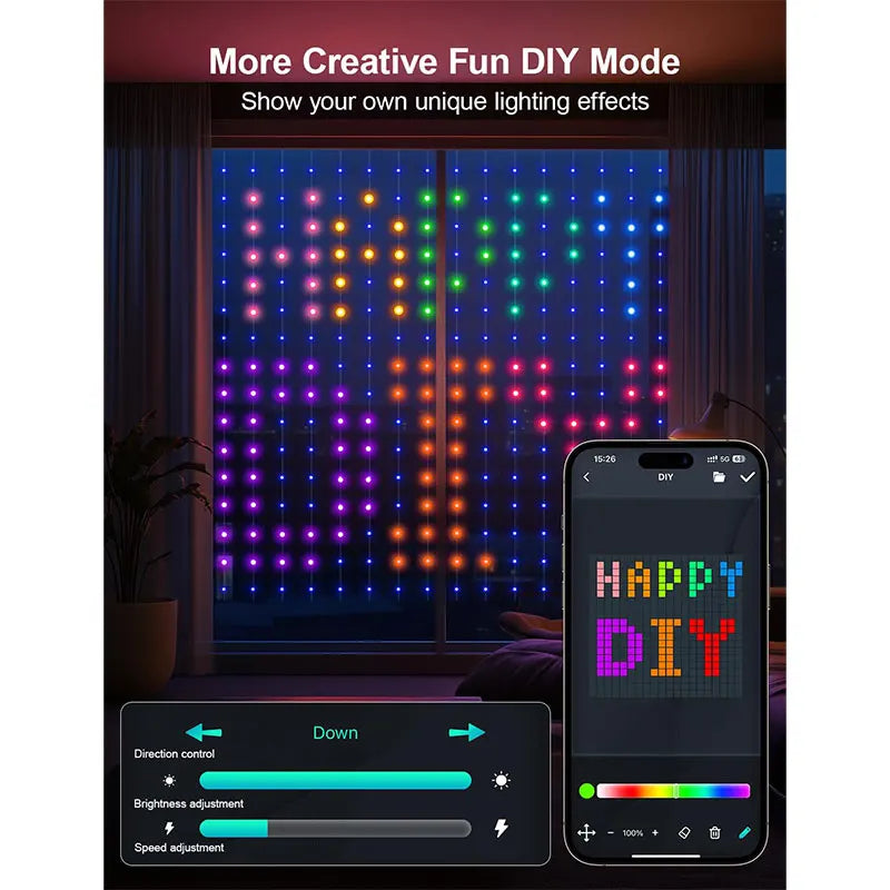 LED Decoration RGB curtain Smart Lights App Controlled String Fairy Lights DIY Pattern and Text Programmable Music Sync Reote - Pape'sShop