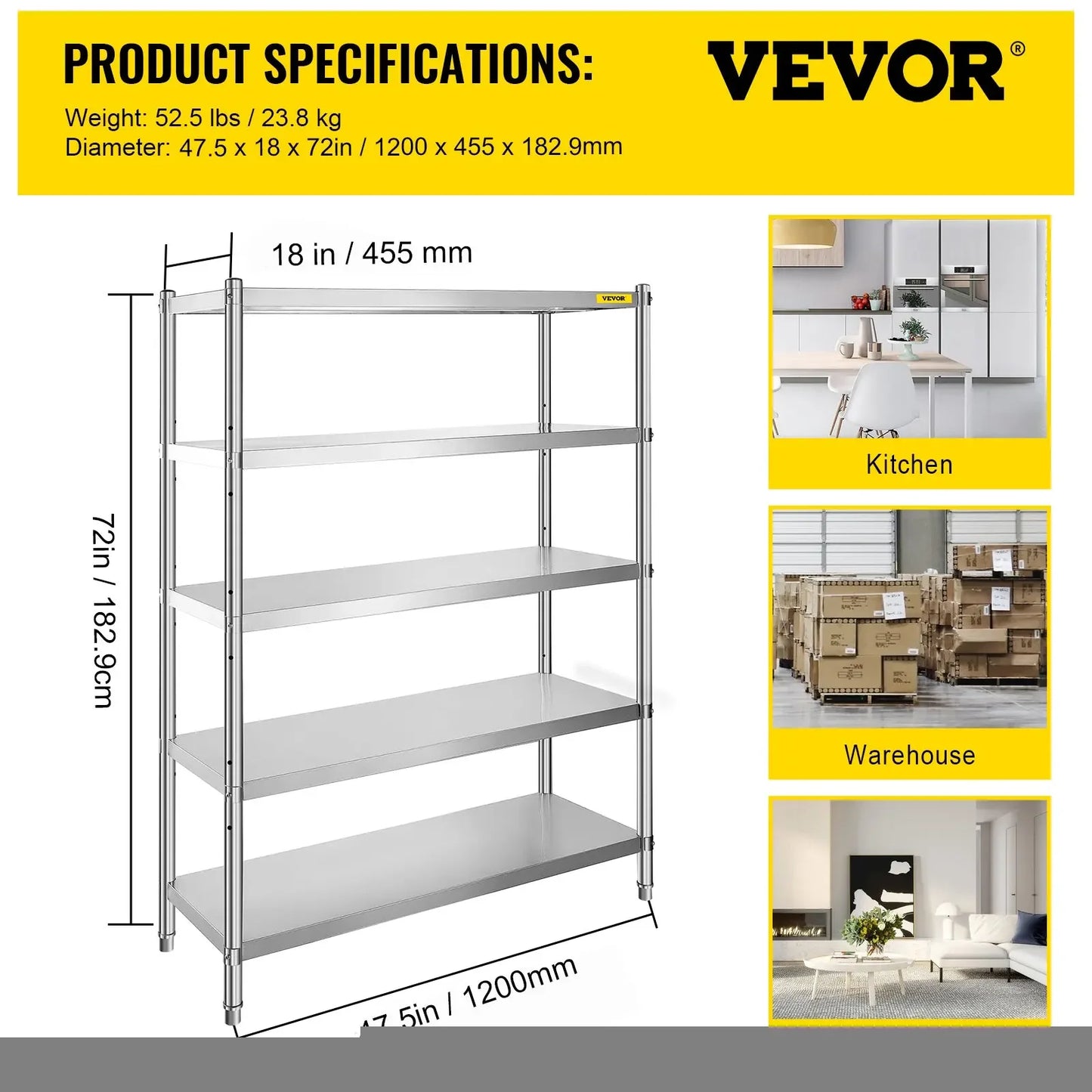 VEVOR Storage Shelf 4/5-Tier Storage Shelving w/Adjustable Height Unit Stainless Steel Garage Shelf for Kitchen Warehouse Garage