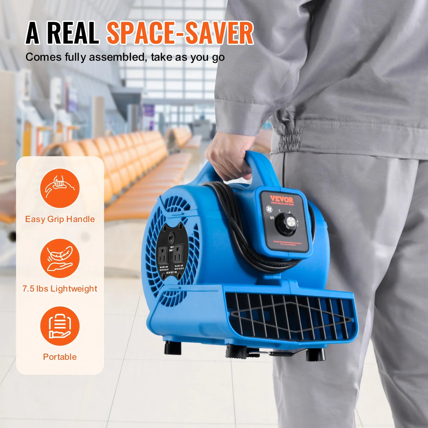 VEVOR Floor Blower 1360 RPM 600 CFM Air Mover for Drying and Cooling Portable Dryer Fan for Janitorial Home Plumbing Commercial