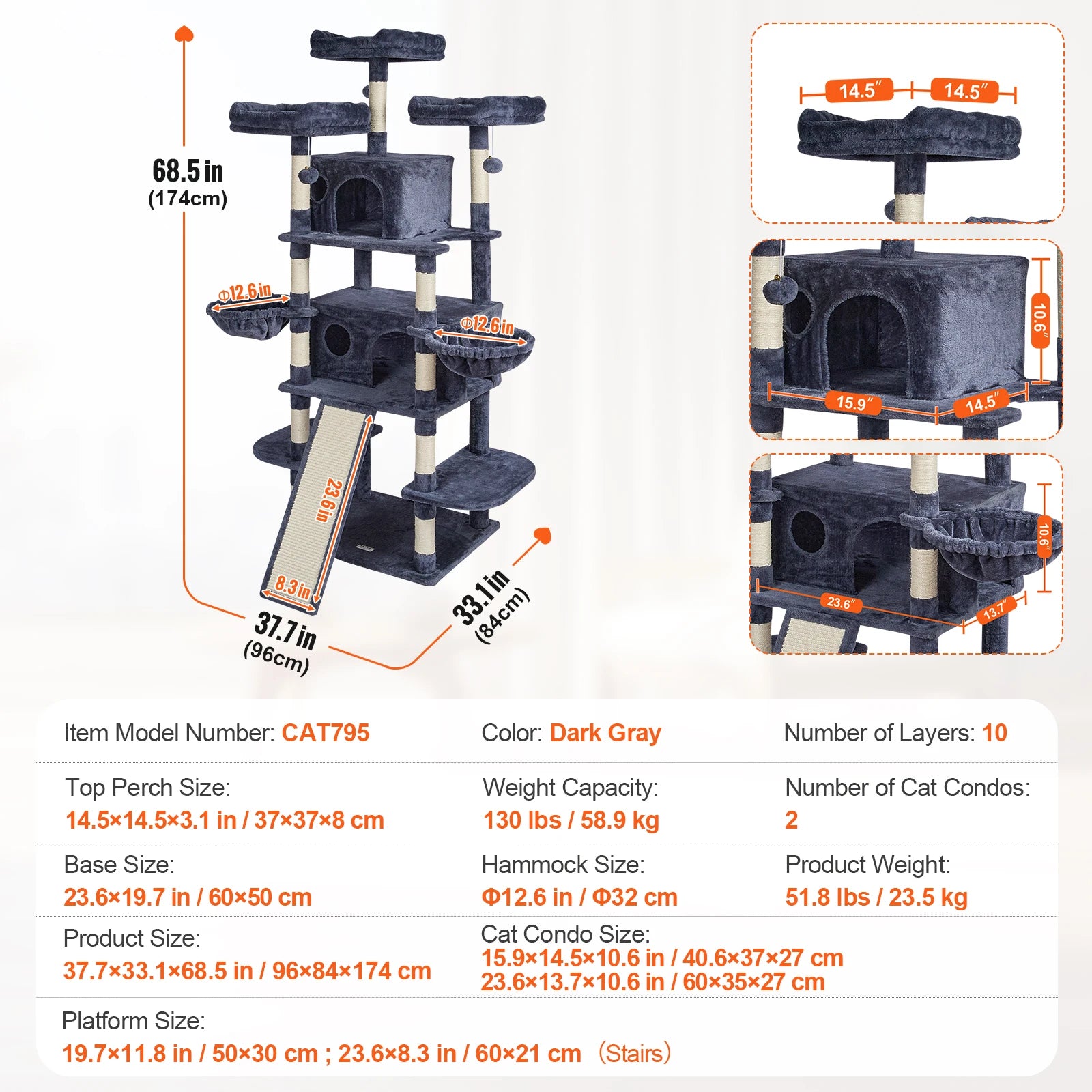 VEVOR Cat Tree for Indoor Cats 45.2" Cat Tower with Cat Condo Sisal Scratching Post HammockTop Perch Jumping Platforms Dark Grey - Pape'sShop