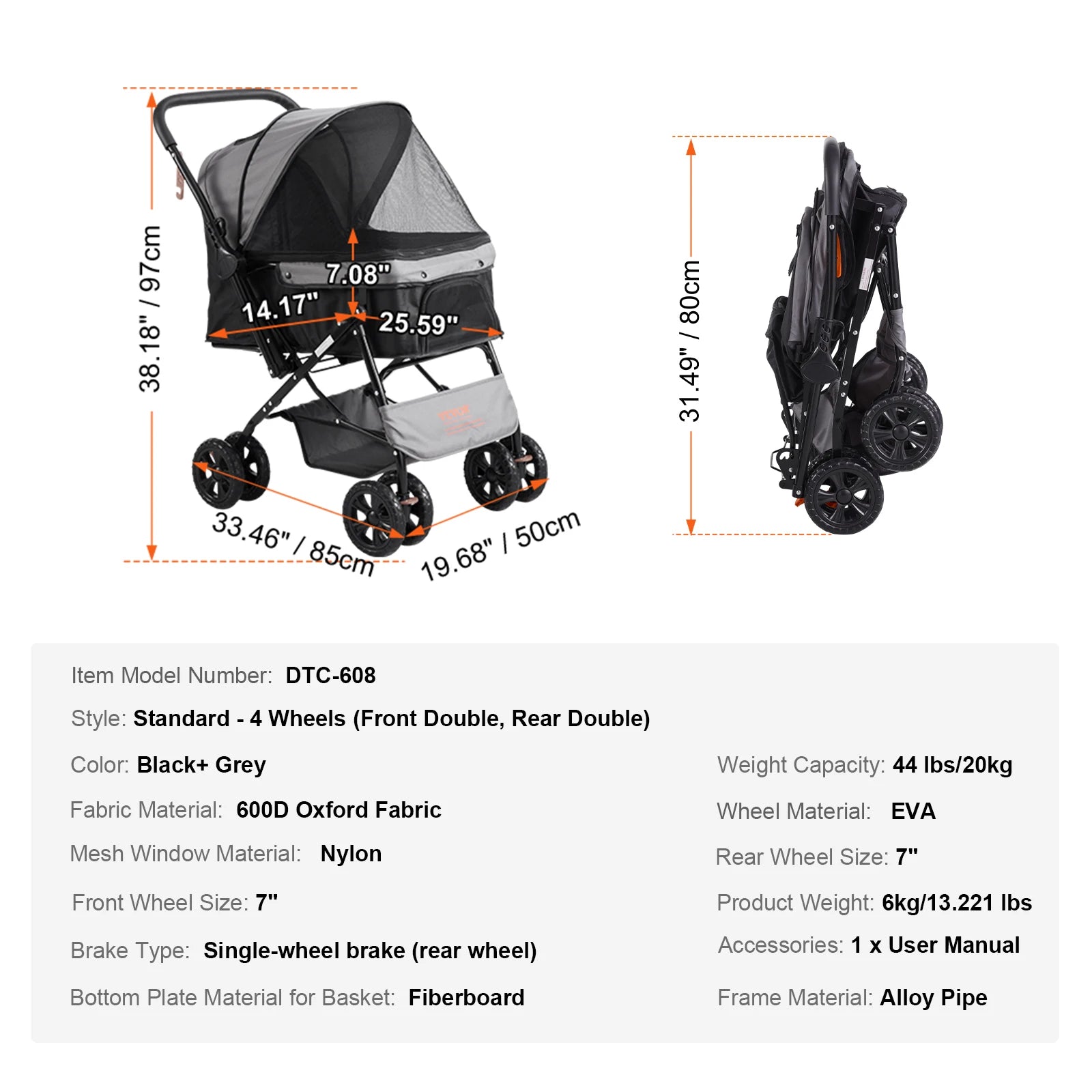 VEVOR Pet Stroller Carrier Dog Cat Strollers Lightweight Travel Rotate with Brakes Pet Pad Cup Holder for Puppy Dog Accessories - Pape'sShop