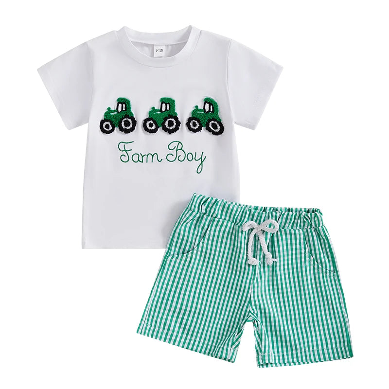 Boys 2-Piece Outfit Set with Dinosaur Print Short Sleeve T-Shirt and Elastic Waistband Denim Shorts for Toddlers - Pape'sShop
